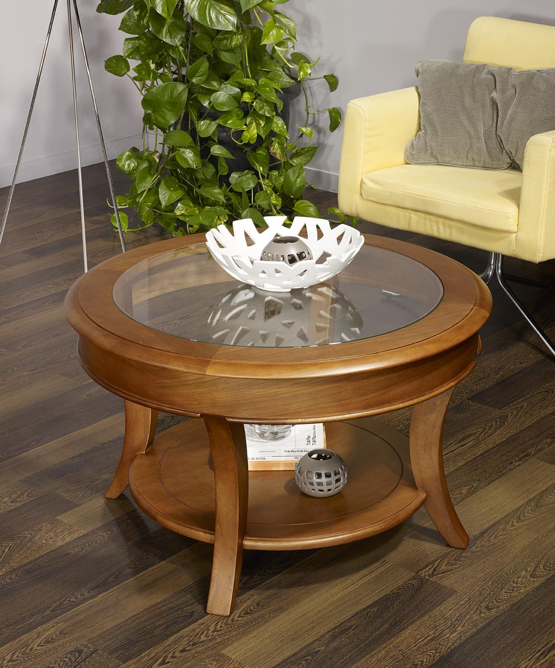 Table basse ronde en bois et verre