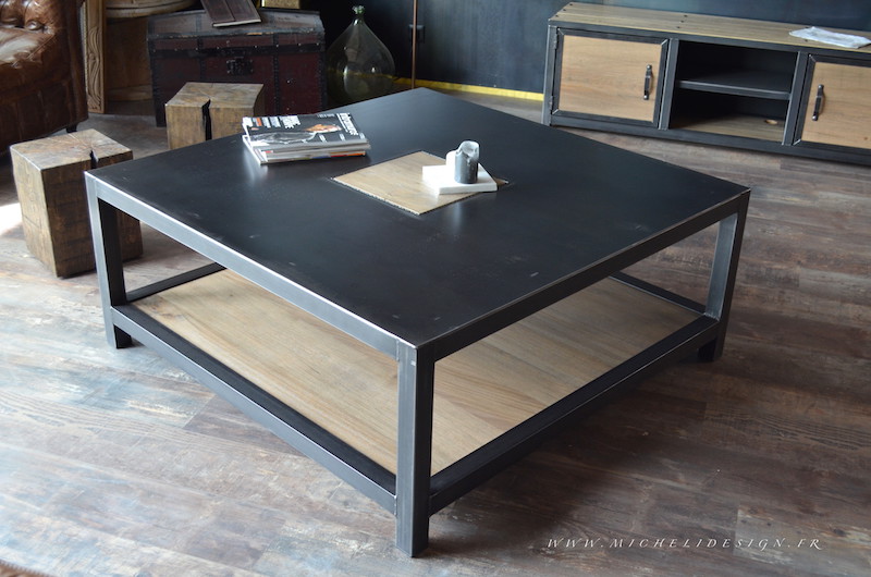 Table basse industrielle bois gris