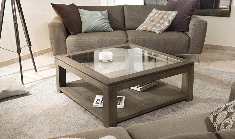 Table basse carrée verre et bois