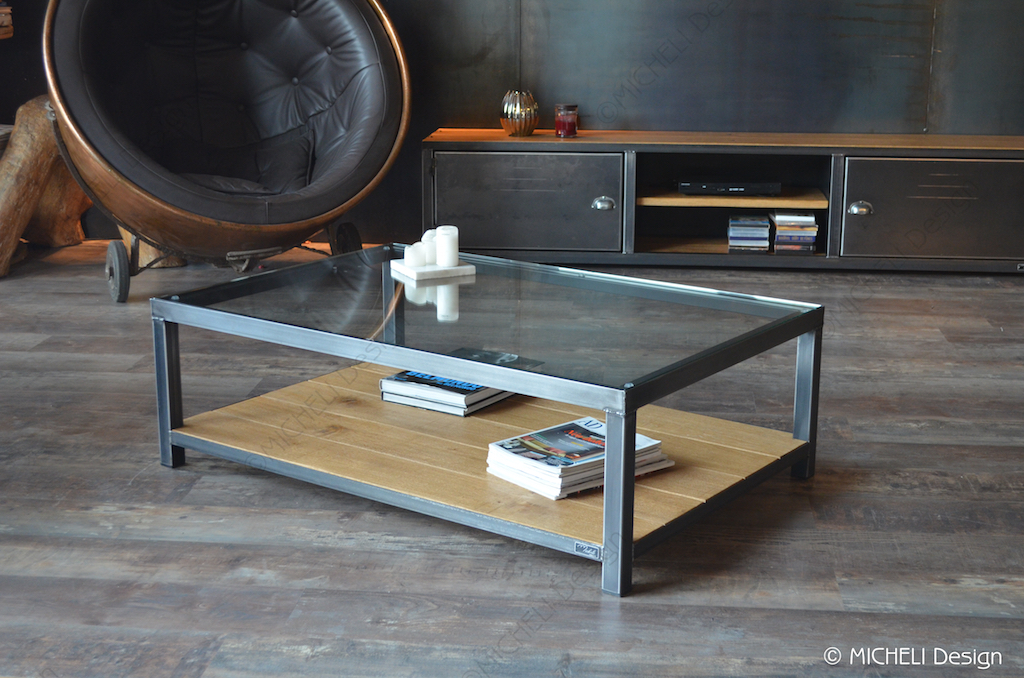 Table basse ronde verre bois metal