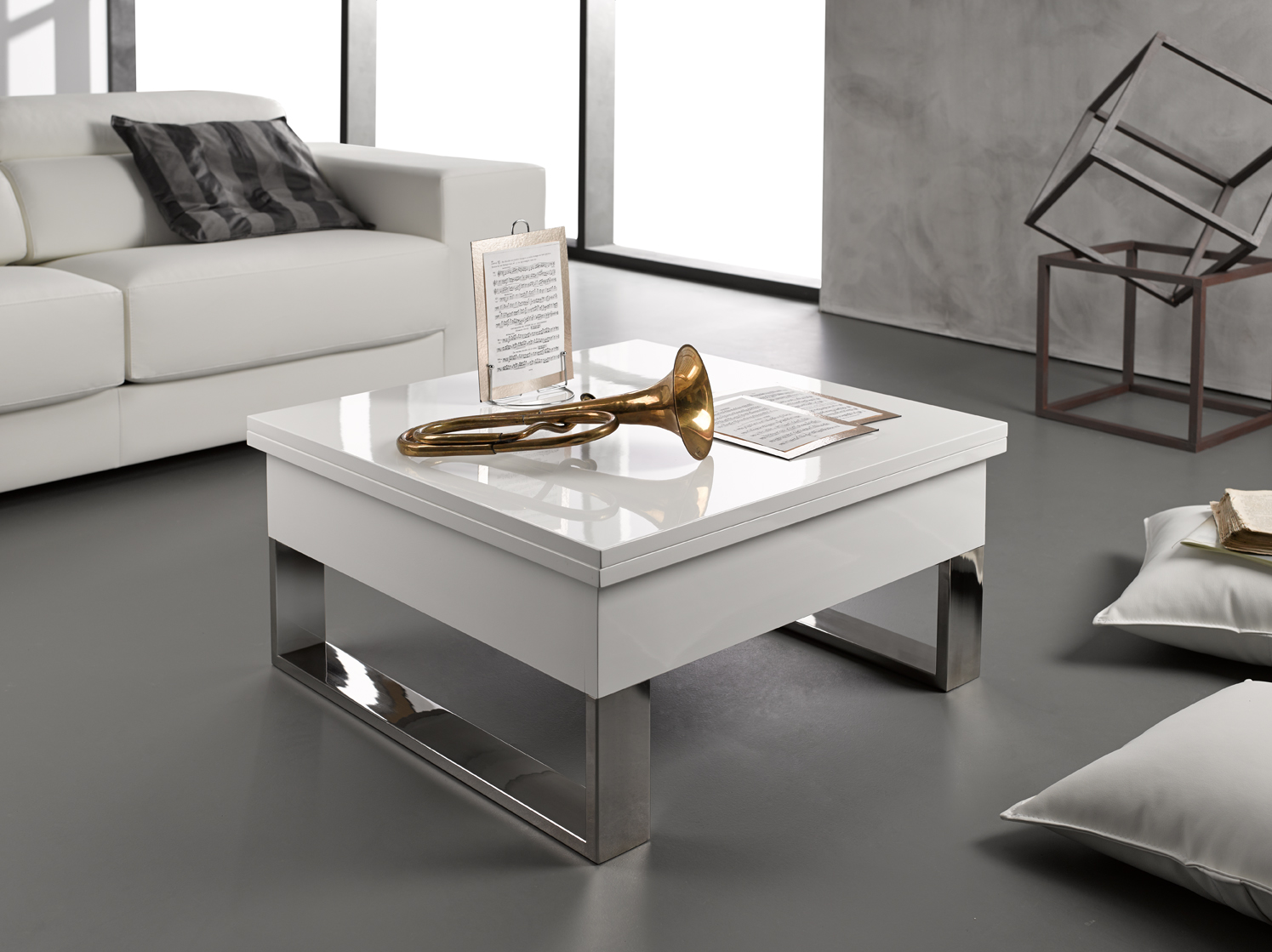 Table basse relevable et extensible blanc laqué