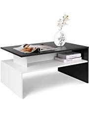Table basse 2 tiroirs - blanc laqué mat et imitation bois foncé