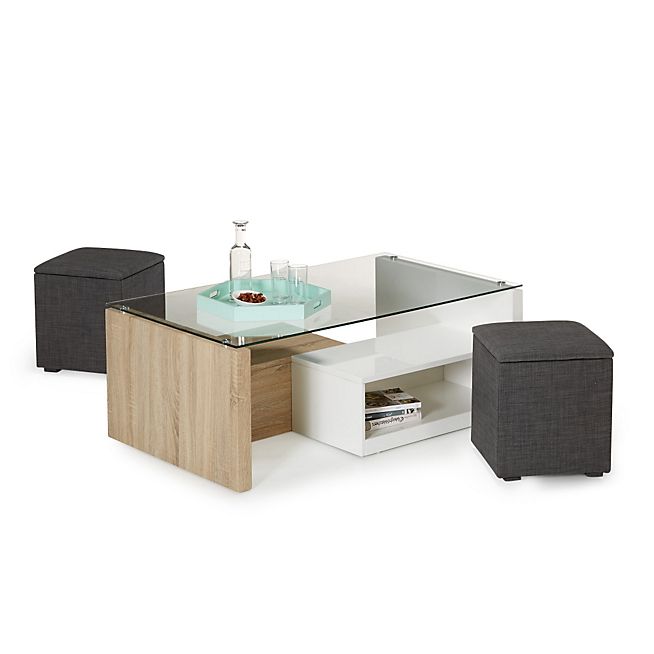 Table basse de salon en verre avec pouf