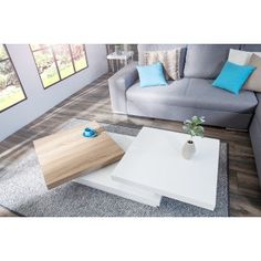 Table basse design triple rectangle l blanc/bois high gloss