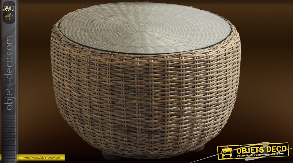 Table basse ronde osier avec pouf