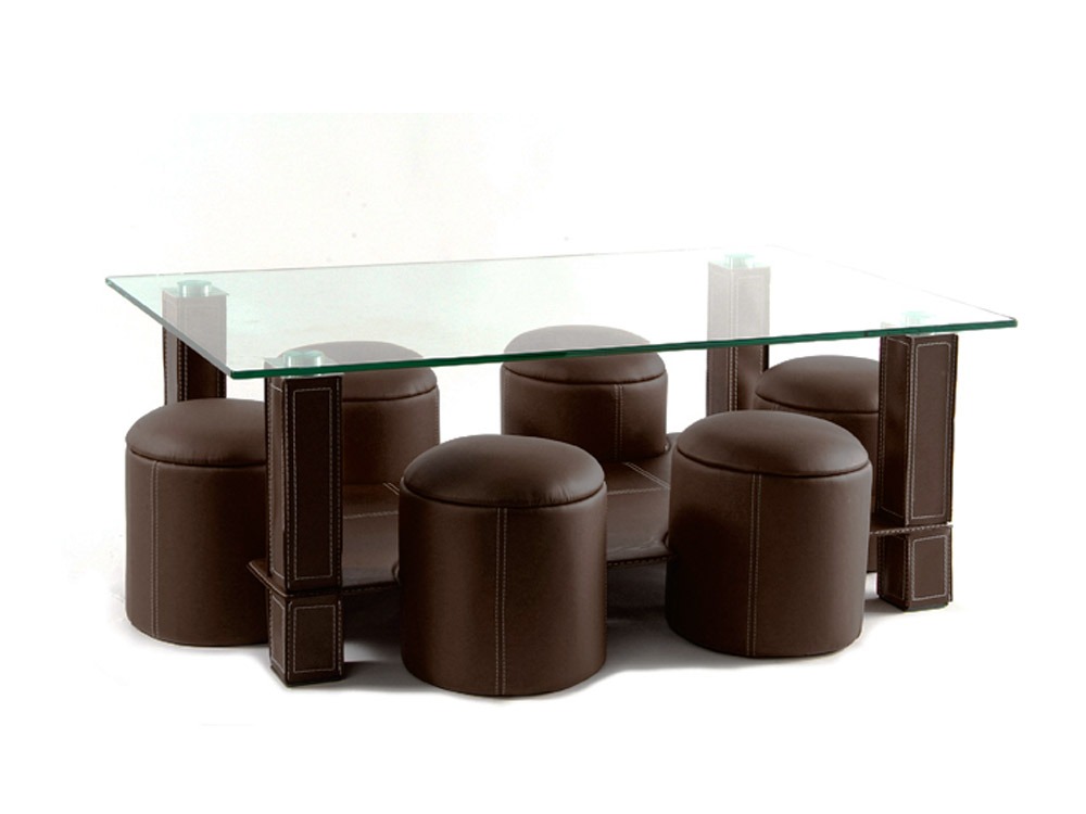 Table basse verre 6 poufs