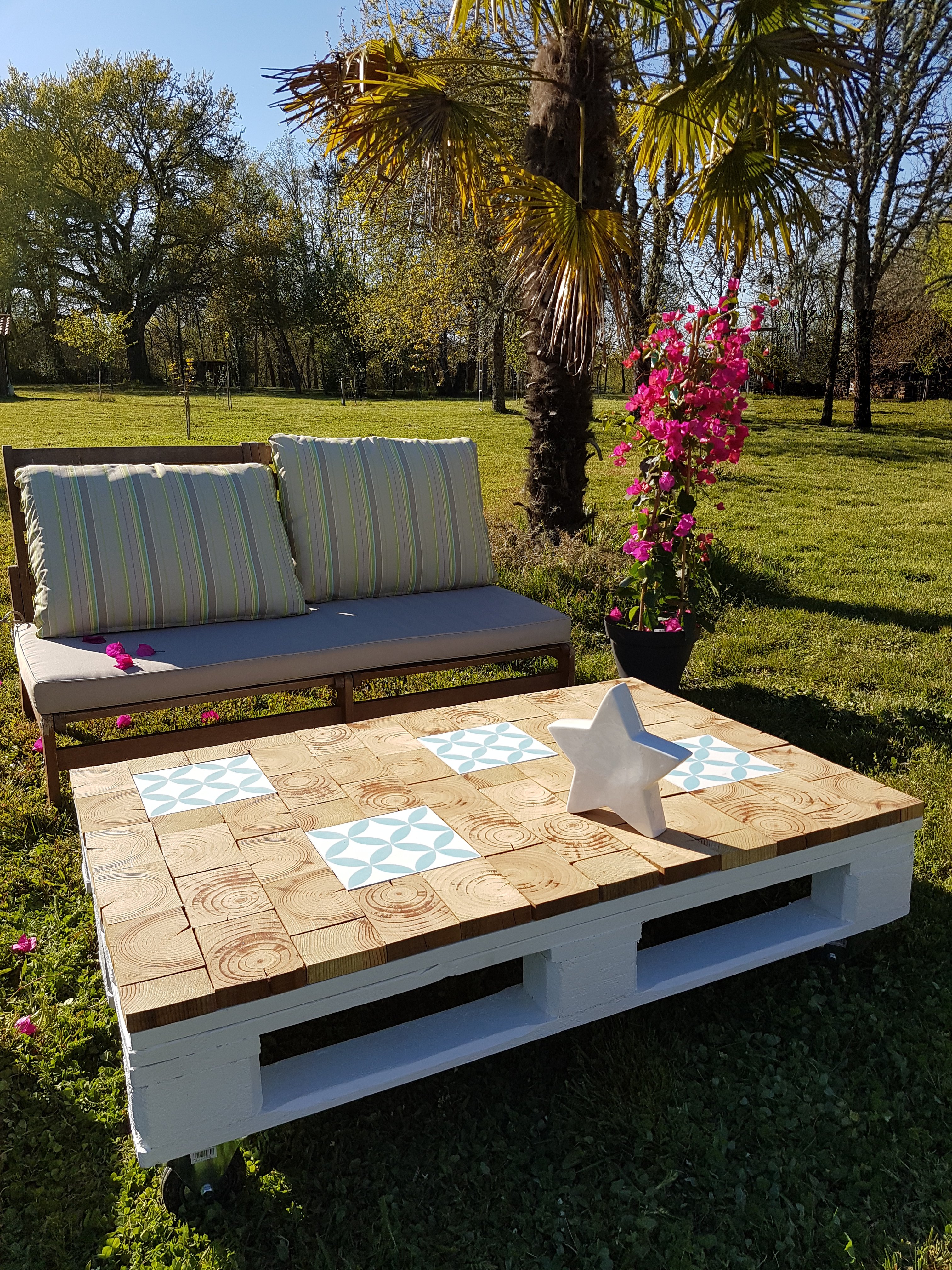 Table basse palette et carreau de ciment