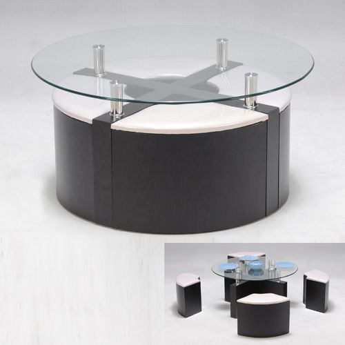 Table basse ronde wengé + 4 poufs