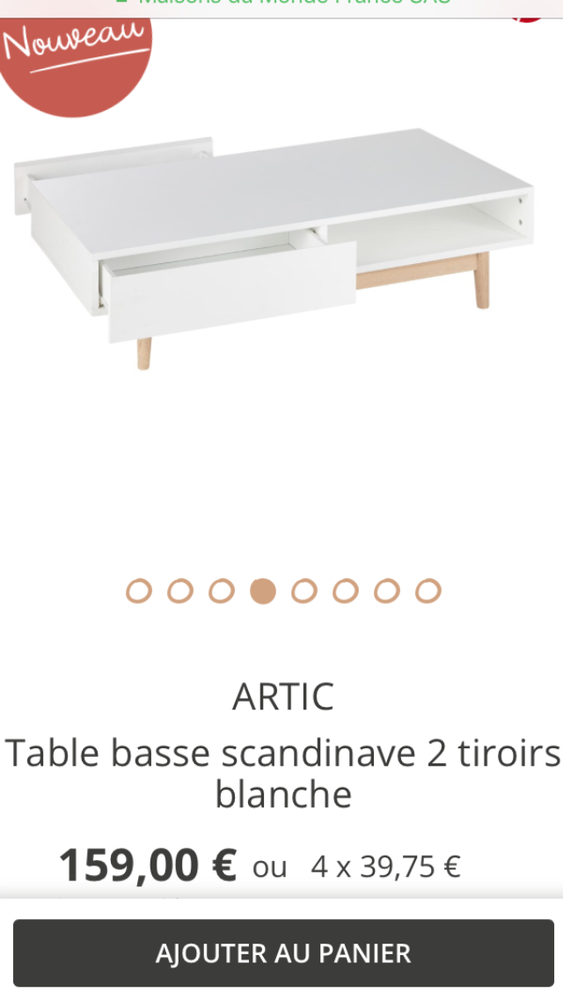 Table basse scandinave 2 tiroirs blanche - artic