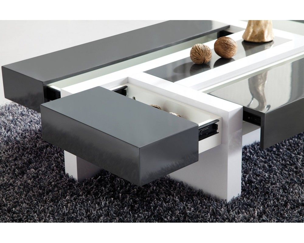 Table basse relevable laqué blanc et gris béton open stone