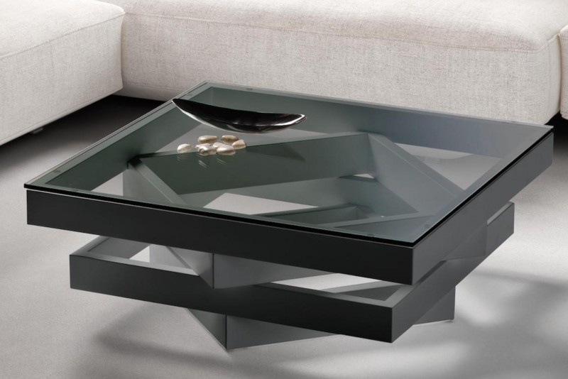 Table basse carrée en bois et verre