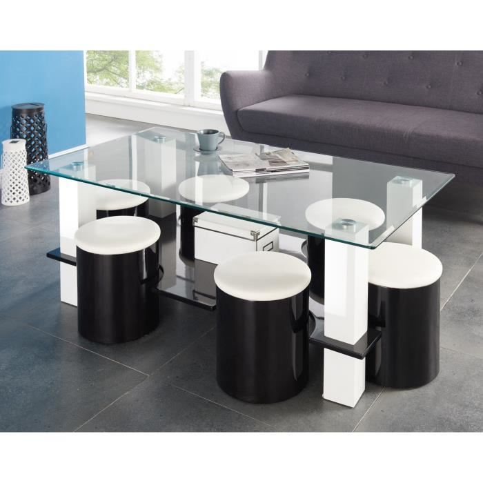 Table basse avec 6 pouf blanc