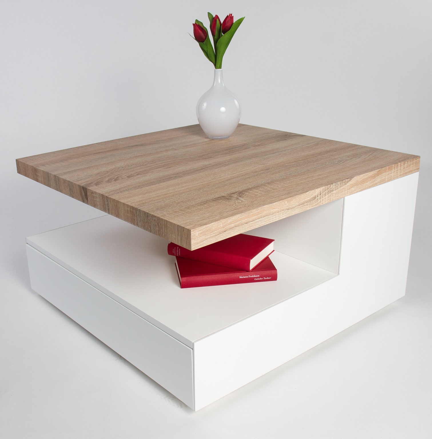 Table basse carree bois et blanc