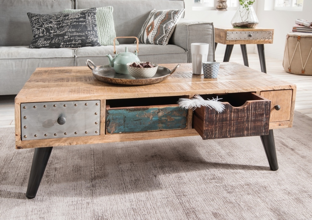 Table basse bois turquoise