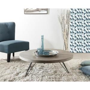 Melbourne table basse ronde scandinave en mdf placage chêne verni et métal noir - 90x90 cm