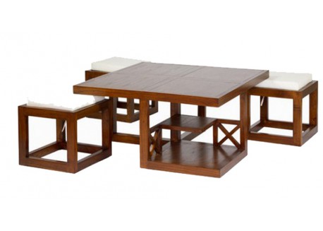 Table basse avec pouf couleur chocolat