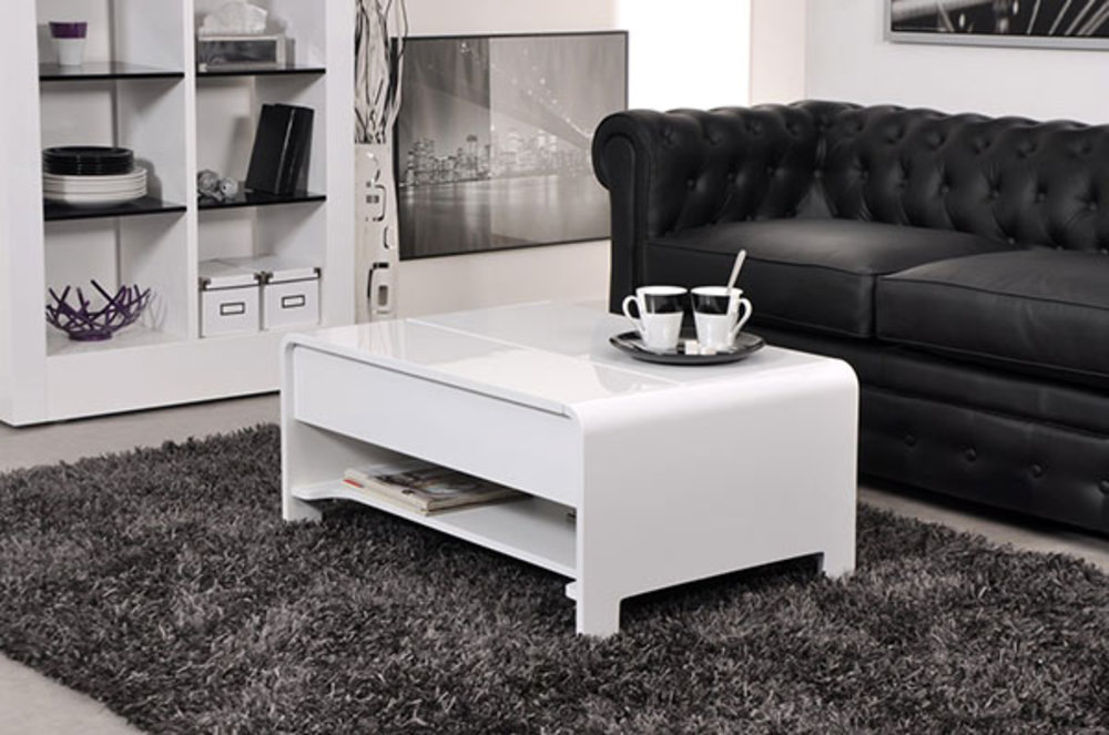 Table basse blanche laquée avec plateau relevable