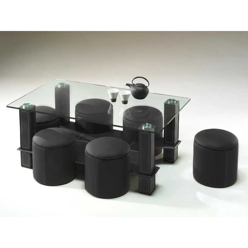 Table basse avec 6 poufs noir