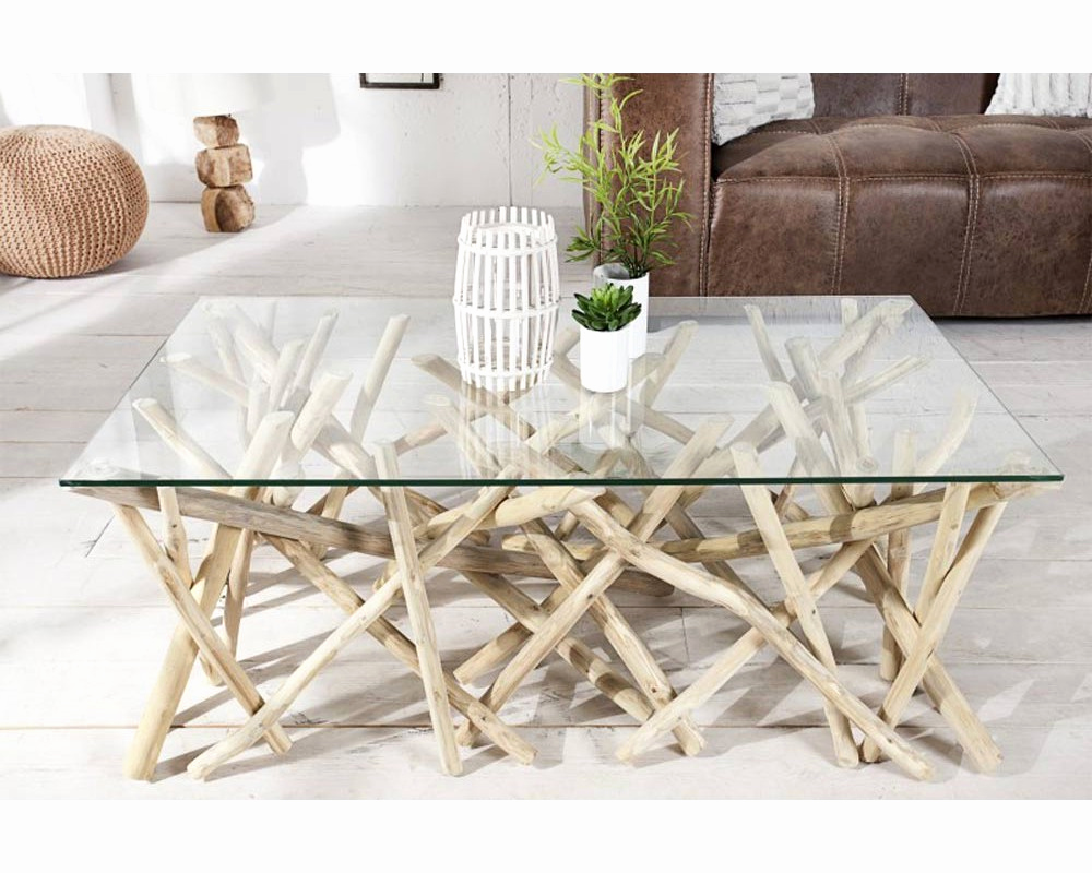 Table basse bois flotté et verre