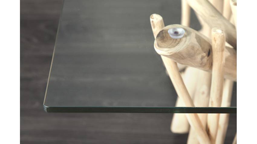 Table basse en verre et bois flotté