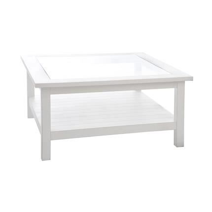 Table basse bois massif blanche avec plateau en verre