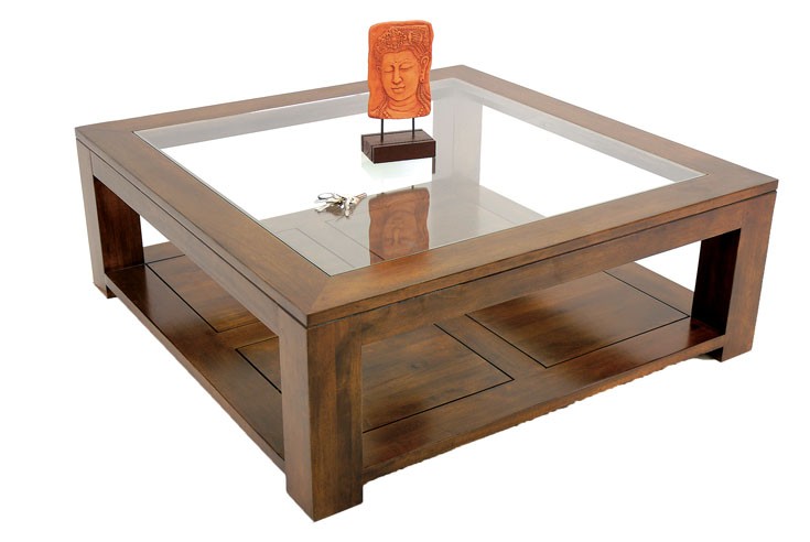 Table basse carrée bois et verre