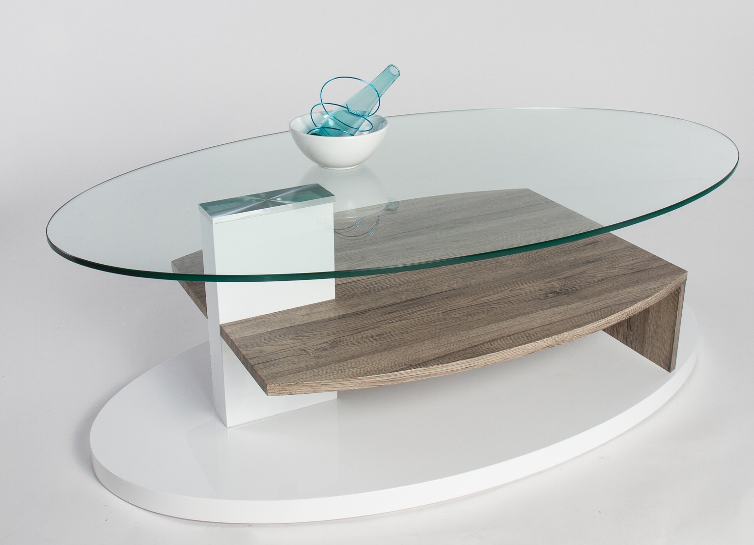 Table basse ovale en verre et bois