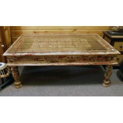 Table basse bois et verre ancienne