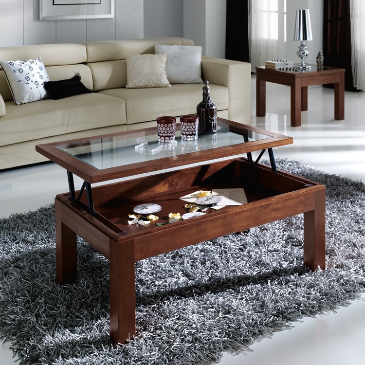 Table basse plateau verre relevable