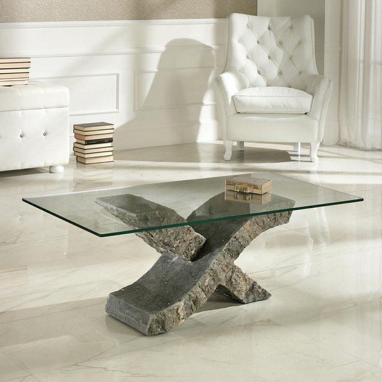 Table basse en verre avec pied en pierre