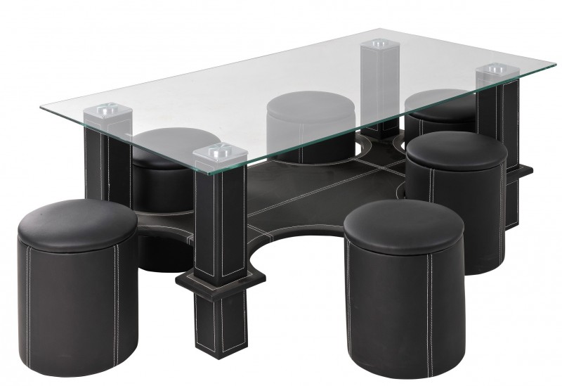 Table basse avec 6 poufs encastrables