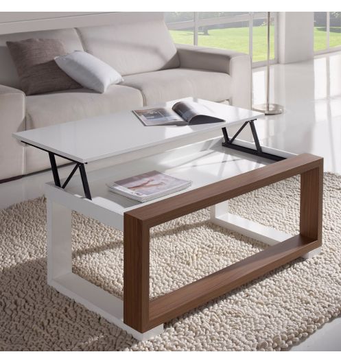 Table basse relevable blanche et bois