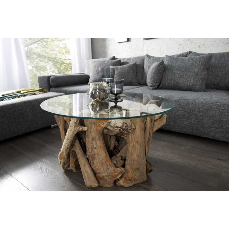 Table basse ronde verre et bois flotté