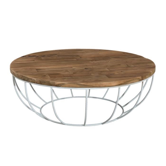 Table basse ronde bois et metal blanc