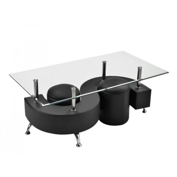 Table basse en verre avec 2 pouf