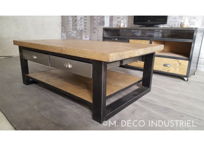 Table basse bois metal tiroir