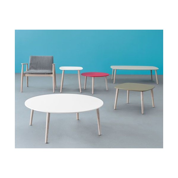 Table basse plateau blanc pied bois