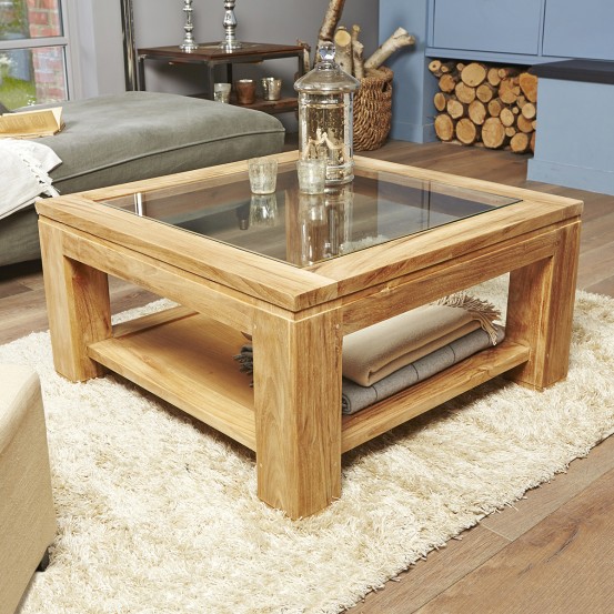 Table basse bois vitrée