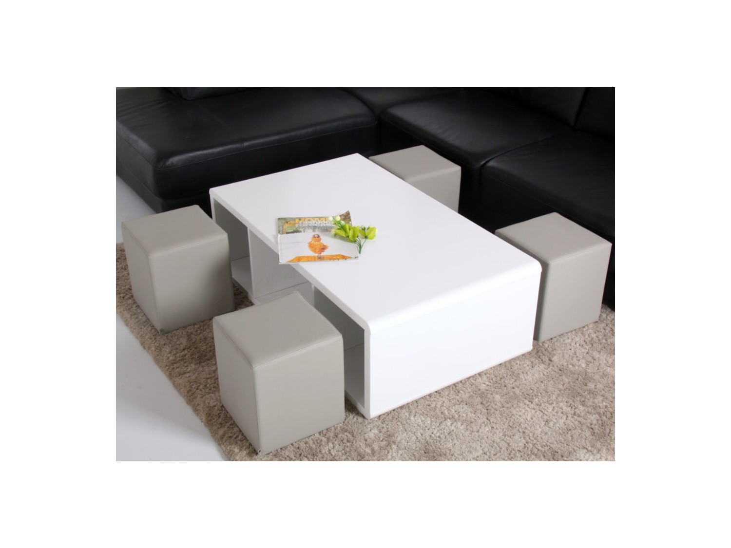 Table basse avec rangement et pouf