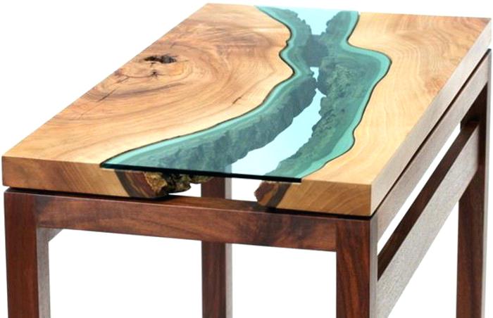 Table basse fer forge bois et verre