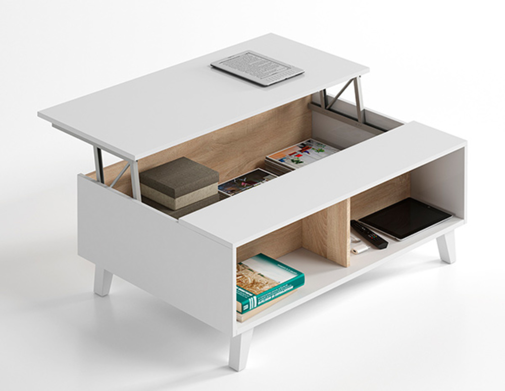 Table basse relevable blanc et chene